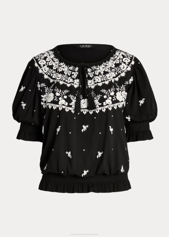 sort hvid Kvinder Ralph Lauren broderet jersey top med bindebånd Z426B3867