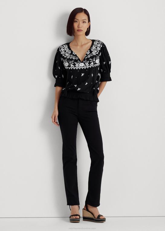 sort hvid Kvinder Ralph Lauren broderet jersey top med bindebånd Z426B3867
