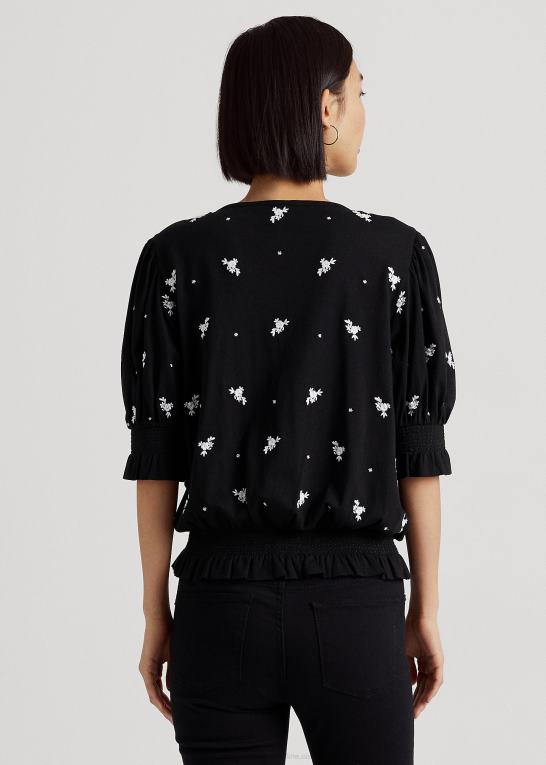 sort hvid Kvinder Ralph Lauren broderet jersey top med bindebånd Z426B3867