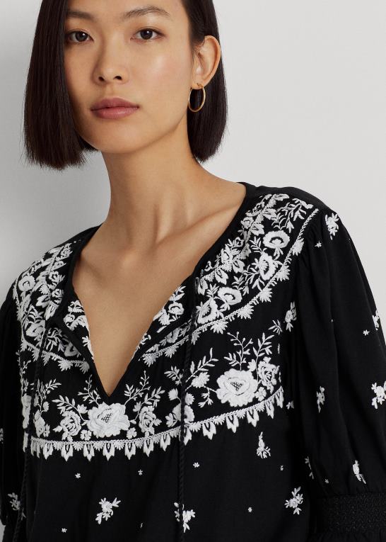 sort hvid Kvinder Ralph Lauren broderet jersey top med bindebånd Z426B3867