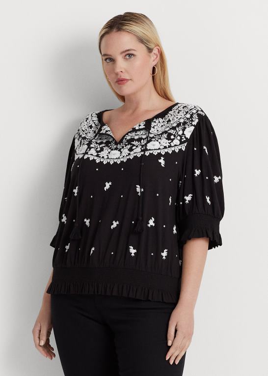 sort hvid Kvinder Ralph Lauren broderet jersey top med bindebånd Z426B4540