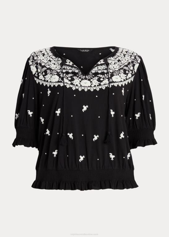 sort hvid Kvinder Ralph Lauren broderet jersey top med bindebånd Z426B4540