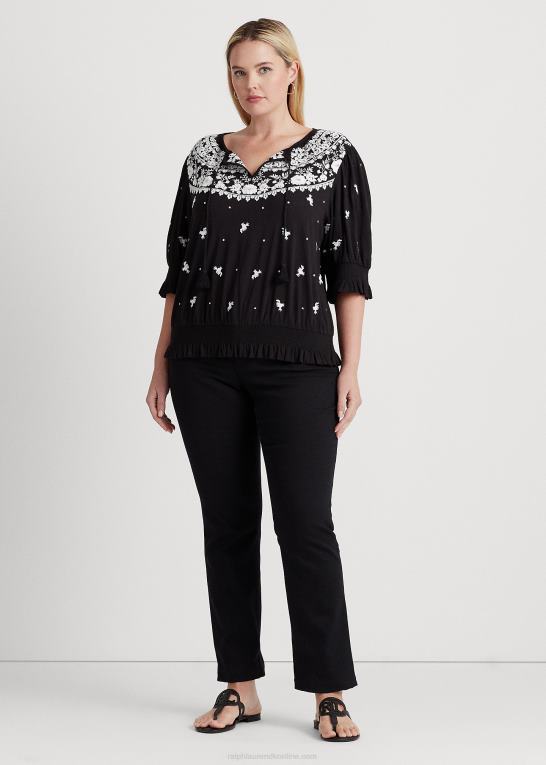 sort hvid Kvinder Ralph Lauren broderet jersey top med bindebånd Z426B4540