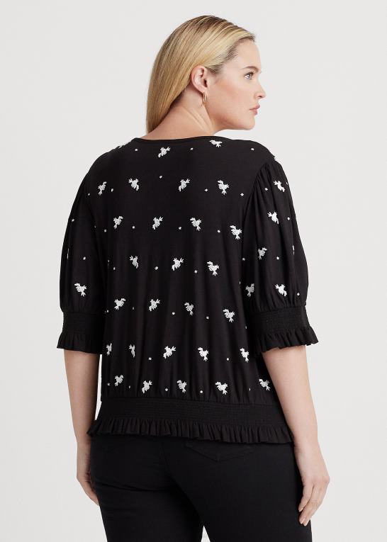 sort hvid Kvinder Ralph Lauren broderet jersey top med bindebånd Z426B4540