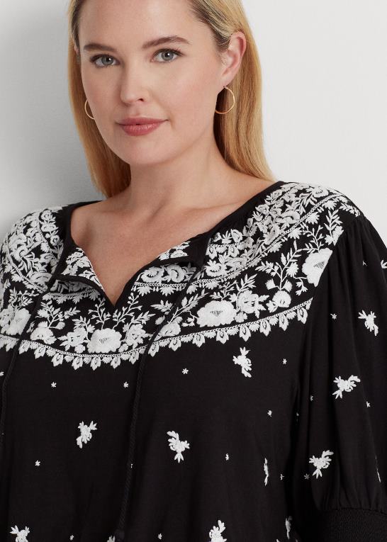 sort hvid Kvinder Ralph Lauren broderet jersey top med bindebånd Z426B4540