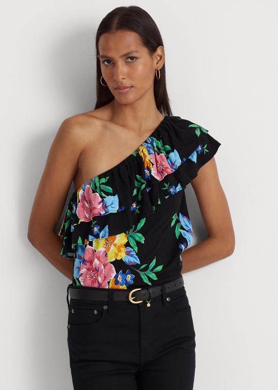 sort multi Kvinder Ralph Lauren blomstret jersey top med en skulder Z426B3836