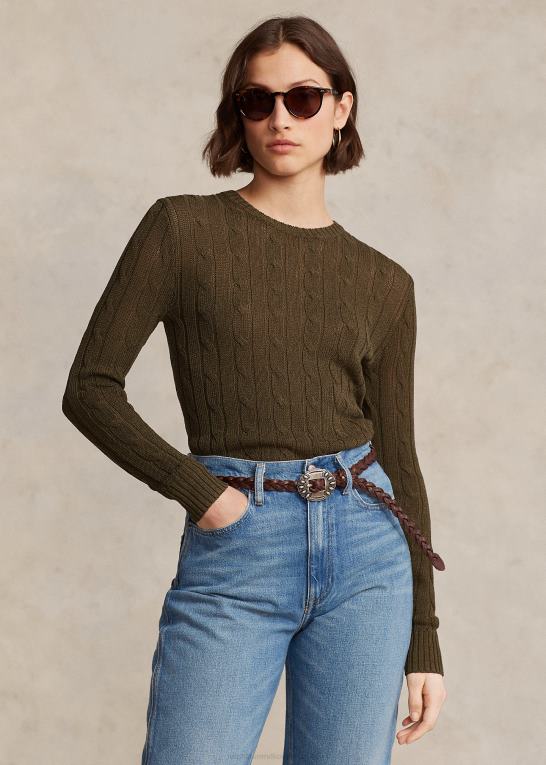 baldakin oliven Kvinder Ralph Lauren kabelstrikket sweater i bomuldsblanding med rund hals Z426B9166