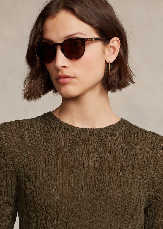 baldakin oliven Kvinder Ralph Lauren kabelstrikket sweater i bomuldsblanding med rund hals Z426B9166