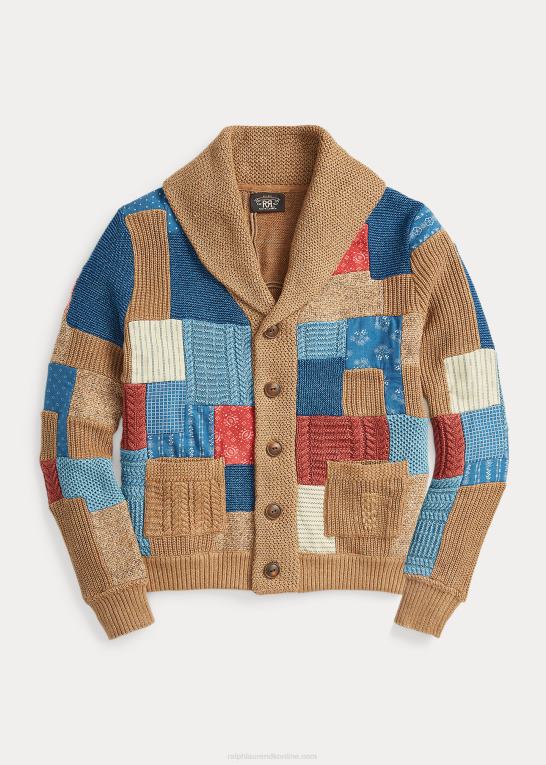 brun multi Kvinder Ralph Lauren indigo patchwork cardigan med sjalkrave Z426B3647