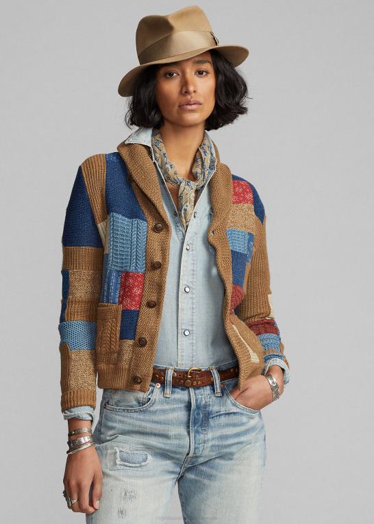 brun multi Kvinder Ralph Lauren indigo patchwork cardigan med sjalkrave Z426B3647