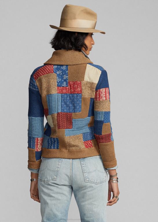 brun multi Kvinder Ralph Lauren indigo patchwork cardigan med sjalkrave Z426B3647
