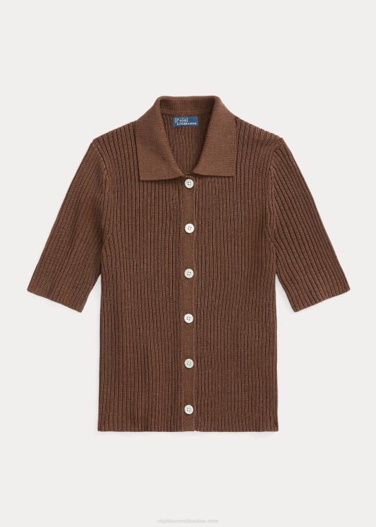 chokolade brun Kvinder Ralph Lauren ribstrikket kortærmet polocardigan Z426B3185