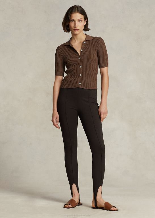 chokolade brun Kvinder Ralph Lauren ribstrikket kortærmet polocardigan Z426B3185