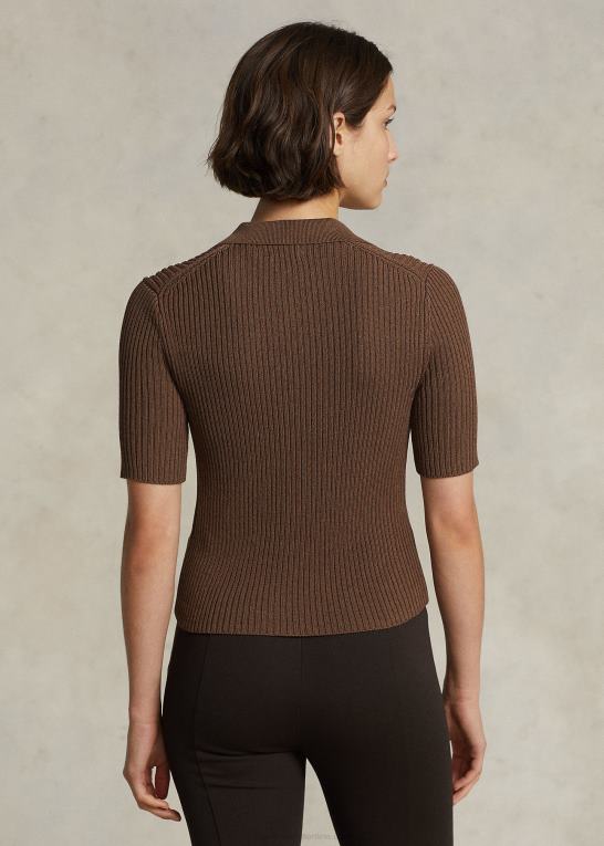 chokolade brun Kvinder Ralph Lauren ribstrikket kortærmet polocardigan Z426B3185
