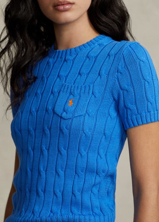 colby blå Kvinder Ralph Lauren kabelstrikket bomuldstrøje med korte ærmer Z426B2897