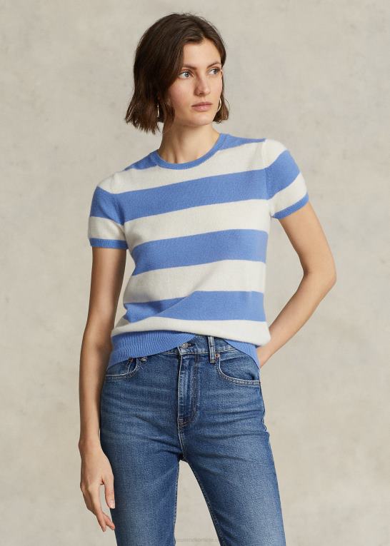 creme/havneø blå Kvinder Ralph Lauren stribet kashmir kortærmet sweater Z426B3043