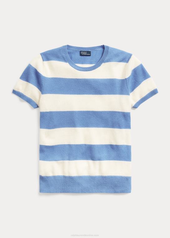 creme/havneø blå Kvinder Ralph Lauren stribet kashmir kortærmet sweater Z426B3043