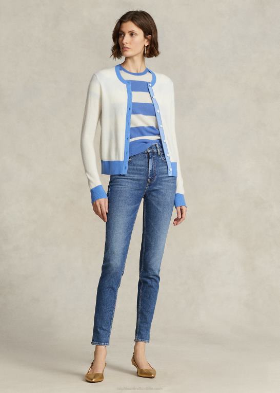 creme/havneø blå Kvinder Ralph Lauren stribet kashmir kortærmet sweater Z426B3043