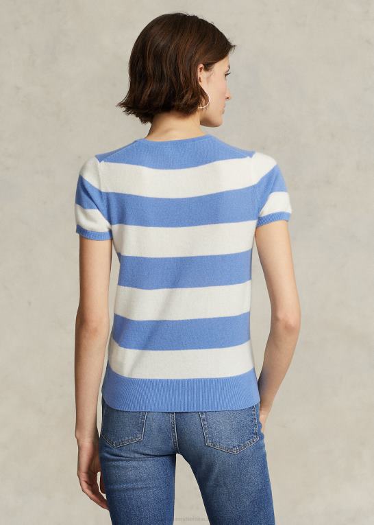 creme/havneø blå Kvinder Ralph Lauren stribet kashmir kortærmet sweater Z426B3043