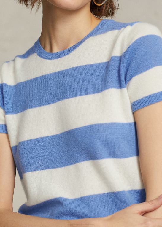 creme/havneø blå Kvinder Ralph Lauren stribet kashmir kortærmet sweater Z426B3043