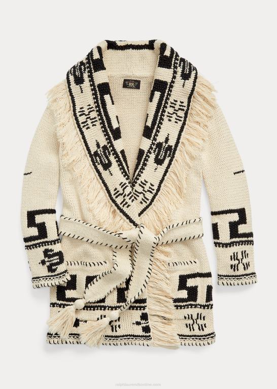 creme/sort Kvinder Ralph Lauren håndstrikket bomuld-hør frynser cardigan Z426B3619