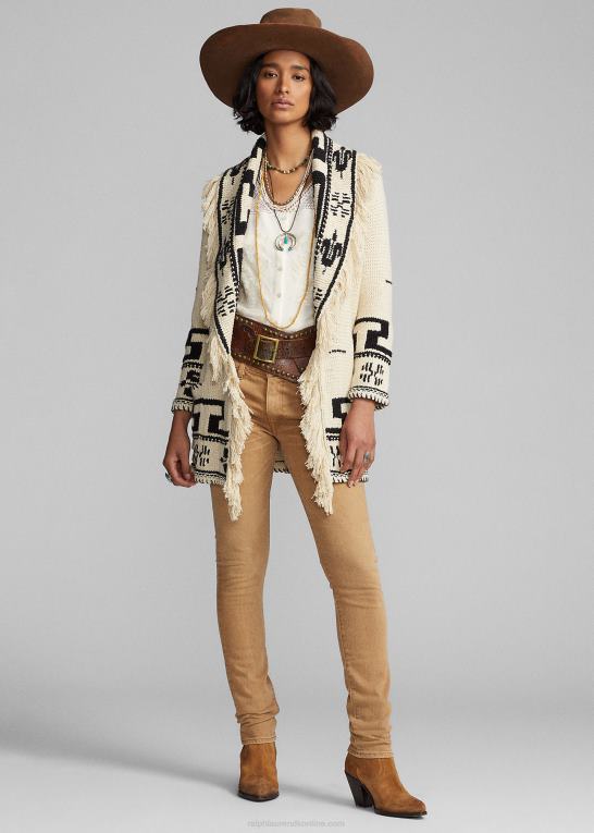 creme/sort Kvinder Ralph Lauren håndstrikket bomuld-hør frynser cardigan Z426B3619
