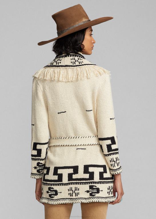 creme/sort Kvinder Ralph Lauren håndstrikket bomuld-hør frynser cardigan Z426B3619
