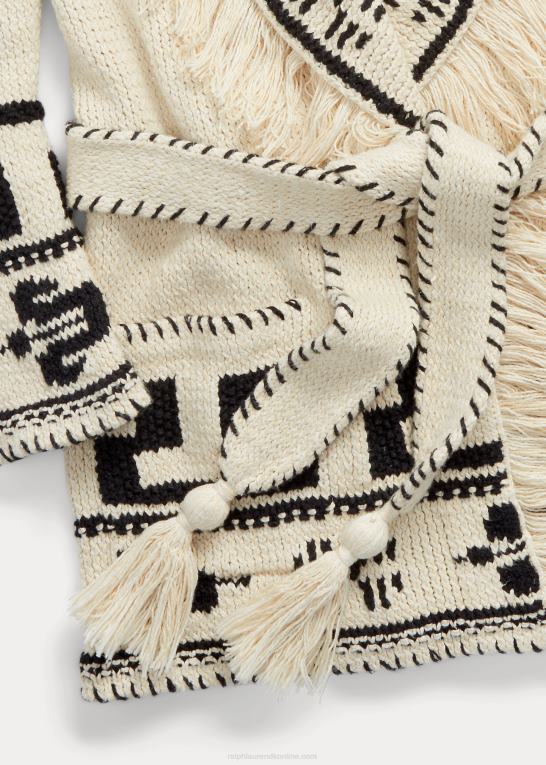 creme/sort Kvinder Ralph Lauren håndstrikket bomuld-hør frynser cardigan Z426B3619