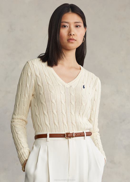 fløde Kvinder Ralph Lauren kabelstrikket sweater med v-hals Z426B3337