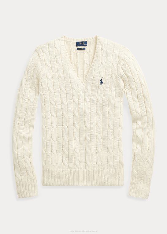 fløde Kvinder Ralph Lauren kabelstrikket sweater med v-hals Z426B3337