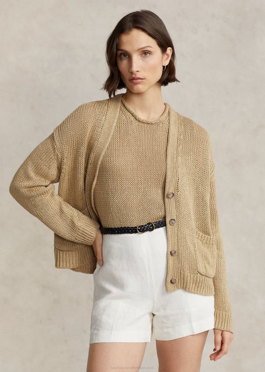 grundlæggende sand Kvinder Ralph Lauren cardigan med v-hals i hørblanding Z426B2936