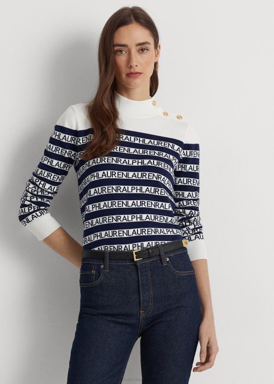 hvid/raffineret navy Kvinder Ralph Lauren stribet bomuldsblanding mockneck sweater Z426B4901