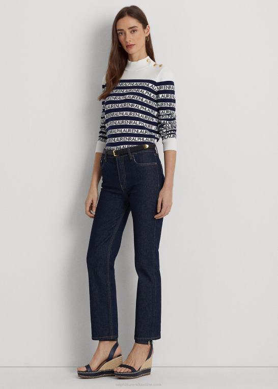hvid/raffineret navy Kvinder Ralph Lauren stribet bomuldsblanding mockneck sweater Z426B4901