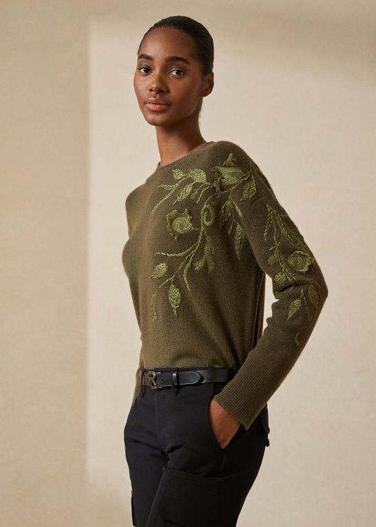 ikon oliven Kvinder Ralph Lauren udsmykket kashmir sweater med rund hals Z426B9290