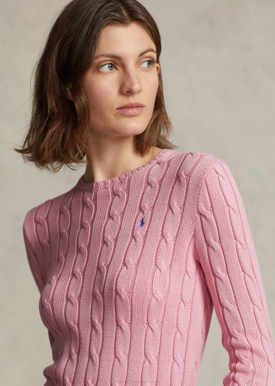 karmel pink Kvinder Ralph Lauren kabelstrikket bomuldstrøje med rund hals Z426B9089