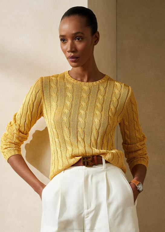 klassisk gul Kvinder Ralph Lauren kabelstrikket silketrøje med rund hals Z426B3485