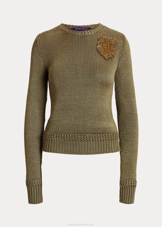 lav grøn Kvinder Ralph Lauren udsmykket sweater med rund hals i silkeblanding Z426B9298