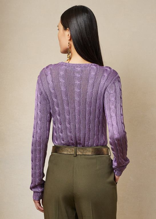 lilla Kvinder Ralph Lauren kabelstrikket silketrøje med rund hals Z426B3489