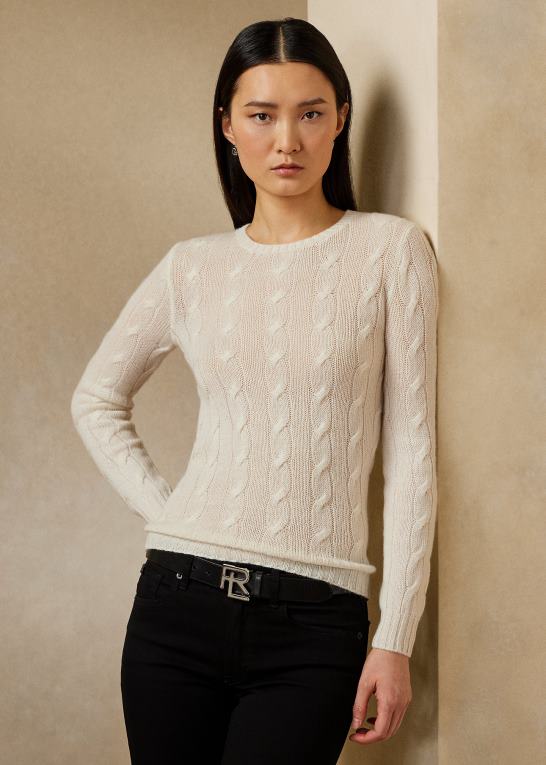 lux creme Kvinder Ralph Lauren kabelstrikket kashmirtrøje Z426B9139