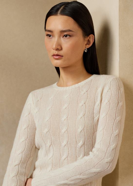 lux creme Kvinder Ralph Lauren kabelstrikket kashmirtrøje Z426B9139