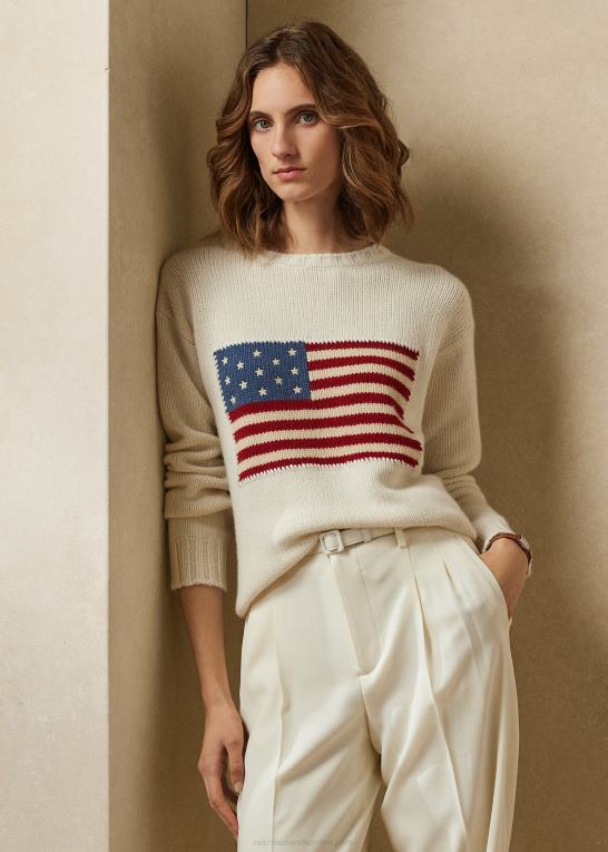 lux creme m/flag Kvinder Ralph Lauren flag kashmir sweater med rund hals Z426B3450