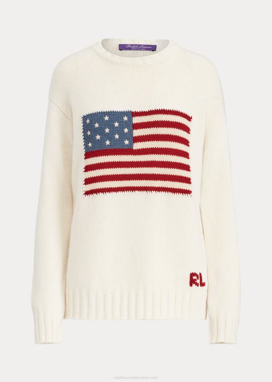 lux creme m/flag Kvinder Ralph Lauren flag kashmir sweater med rund hals Z426B3450
