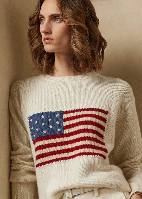 lux creme m/flag Kvinder Ralph Lauren flag kashmir sweater med rund hals Z426B3450