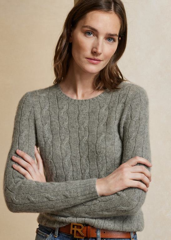 lux lysegrå melange Kvinder Ralph Lauren kabelstrikket kashmirtrøje Z426B9140