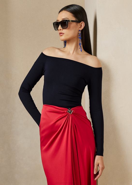 lux marine Kvinder Ralph Lauren mulberry silke off-the-shoulder sweater Z426B3472