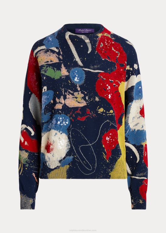 lux marineblå multi Kvinder Ralph Lauren trykt bomuldstrøje med rund hals Z426B3517