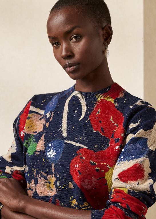lux marineblå multi Kvinder Ralph Lauren trykt bomuldstrøje med rund hals Z426B3517