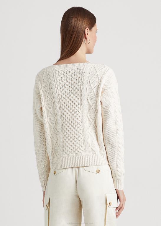 mascarpone creme Kvinder Ralph Lauren aran-strikket bomuldstrøje med bådhals Z426B3949