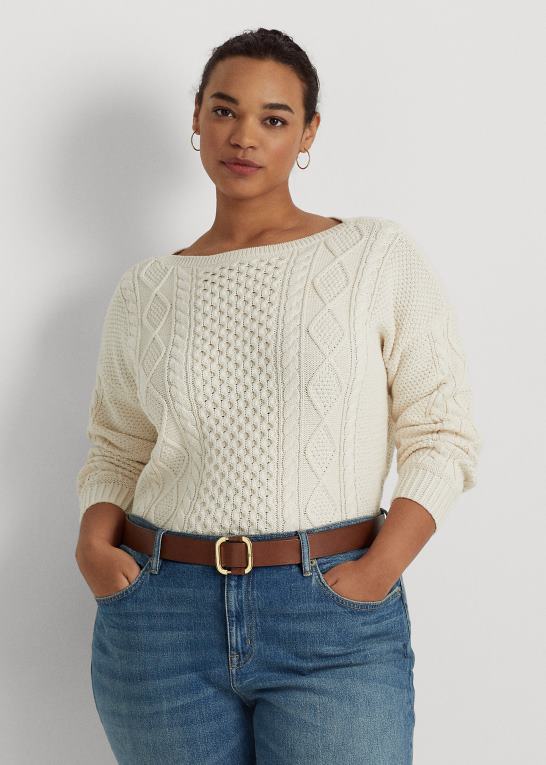 mascarpone creme Kvinder Ralph Lauren aran-strikket bomuldstrøje med bådhals Z426B4589