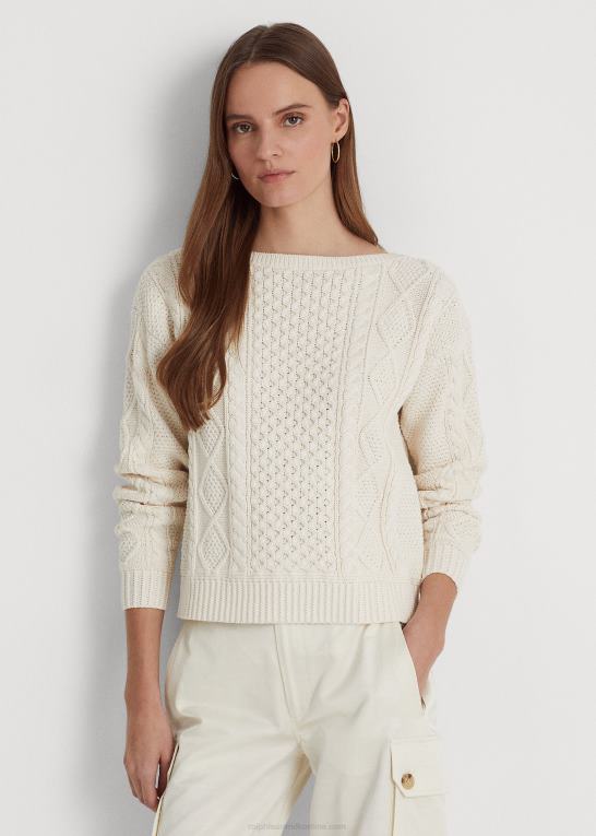 mascarpone creme Kvinder Ralph Lauren aran-strikket bomuldstrøje med bådhals Z426B4826